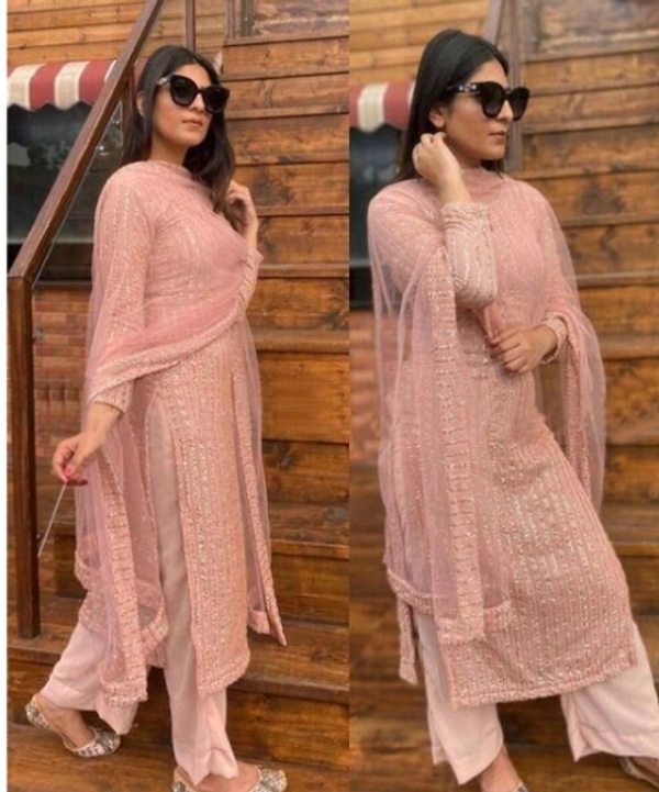 CHARVI FAB Fox Georgette with sequence Work Plazzo Suit Black  - pink, semi stitched
