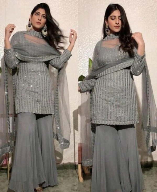 CHARVI FAB Fox Georgette with sequence Work Plazzo Suit Black  - grey, semi stitched