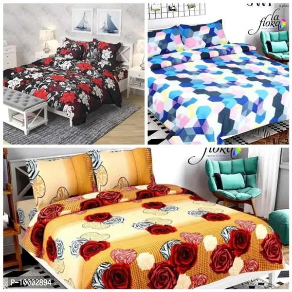 Stunning Polycotton 3d Printed Double Bedsheet Combo with Pillow Covers, Pack Of 3 Bedsheet With 6 Pillow Covers