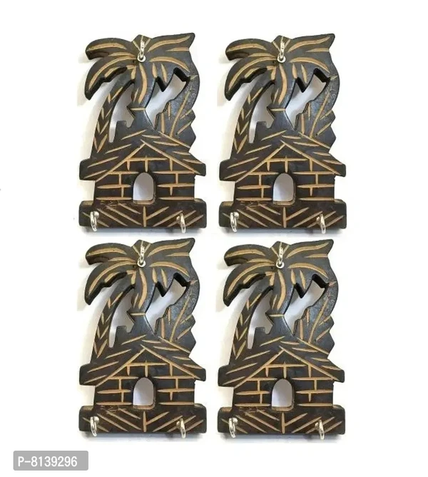 Wooden Hut Shape Wall Decor Key Holder (13 x 9 cm) 4 Pcs