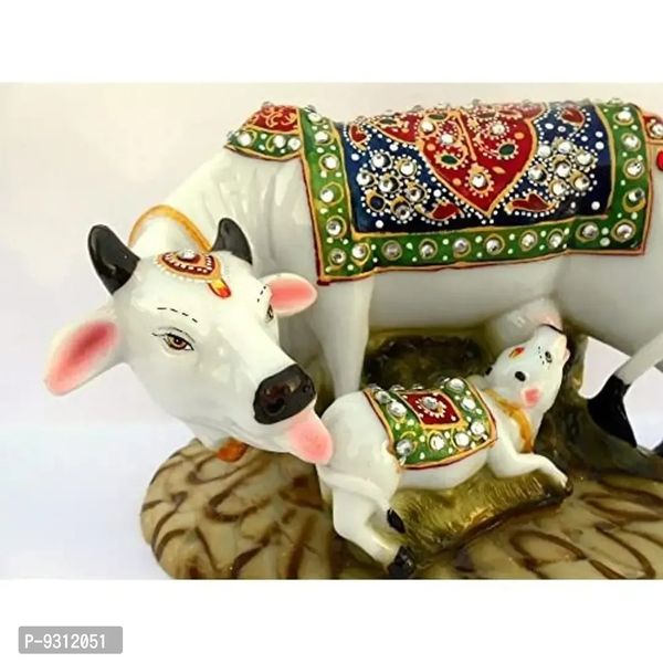Saudeep India Good Luck Gift Items Art Handicraftgiftgallery Decorative Marble dust/Polyresin Cow and Calf Showpiece Idols and Figurines(White)