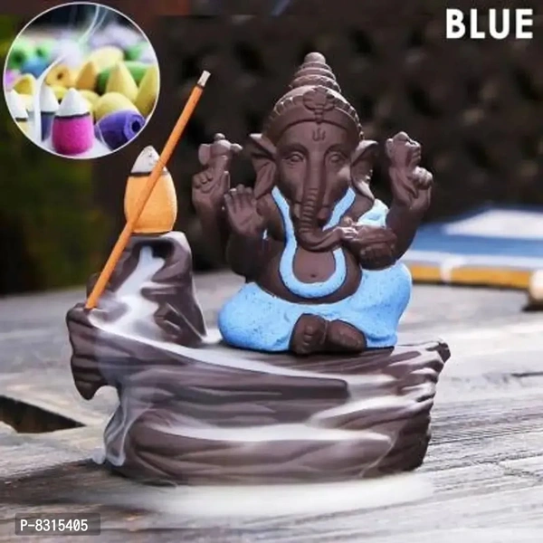 Handcrafted Meditation Monk Ganesha | Meditation Relaxing Ganesha Statue | Little Ganesha smoke Backflow Cone Incense holder with 10 Incense Cones Decorative Showpiece | For Home Decor - 10 