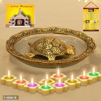 Feng Shui Gold-Toned Turtle with Diwali Aarti Scroll,3D Greeting Card,and 10 Diyas (Gift Pack of 13)