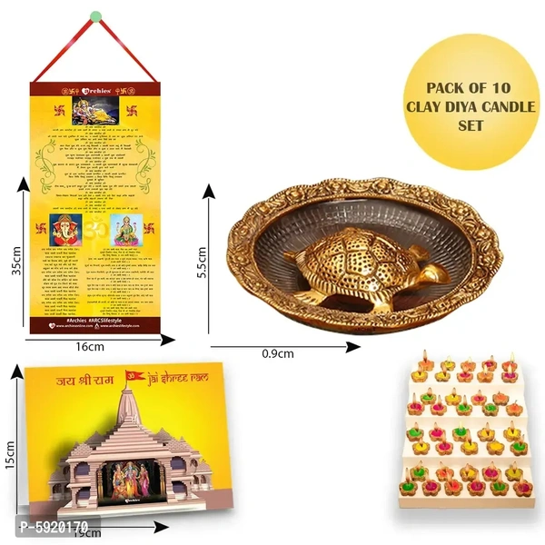 Feng Shui Gold-Toned Turtle with Diwali Aarti Scroll,3D Greeting Card,and 10 Diyas (Gift Pack of 13)
