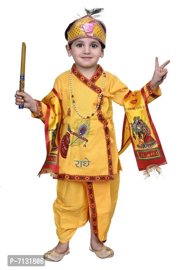 Beautiful Cotton Blend Yellow Self Pattern Krishna Dress For Kids - 6-12 Month