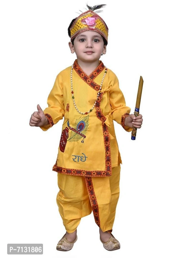 Beautiful Cotton Blend Yellow Self Pattern Krishna Dress For Kids