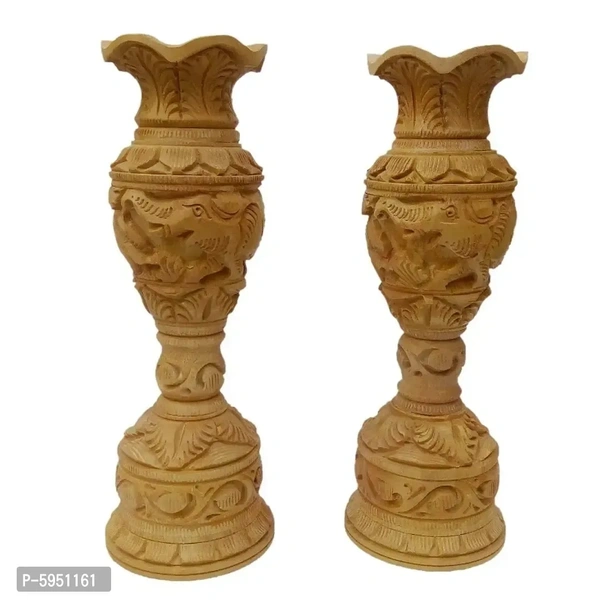 Wooden Handmade Elephant Carving Shikar Flower Vase- Pack Of 2
