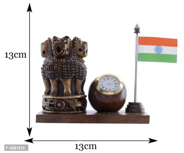 Wooden pen Holder With Ashoka pillar and Flag and lclock