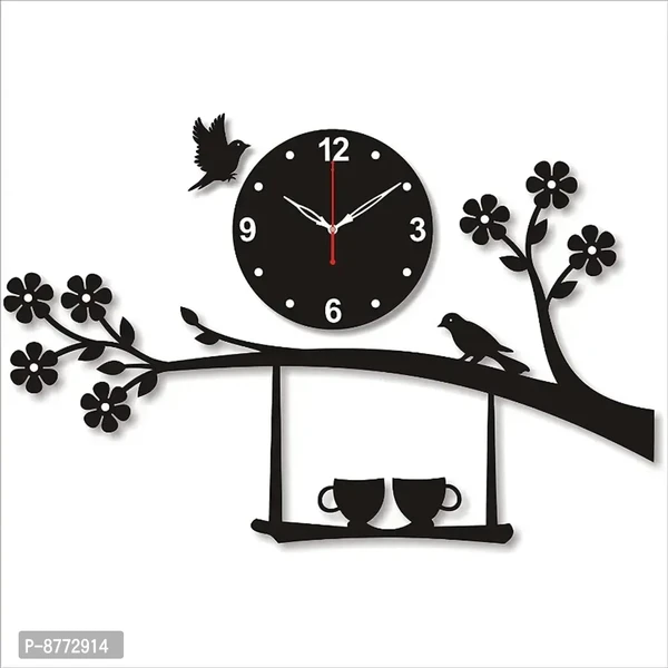 3D Acrylic Analog Designer Tree Bird and Julla Design Decorative Wall Clock 66 x 43 x 1.5 Cms, Black