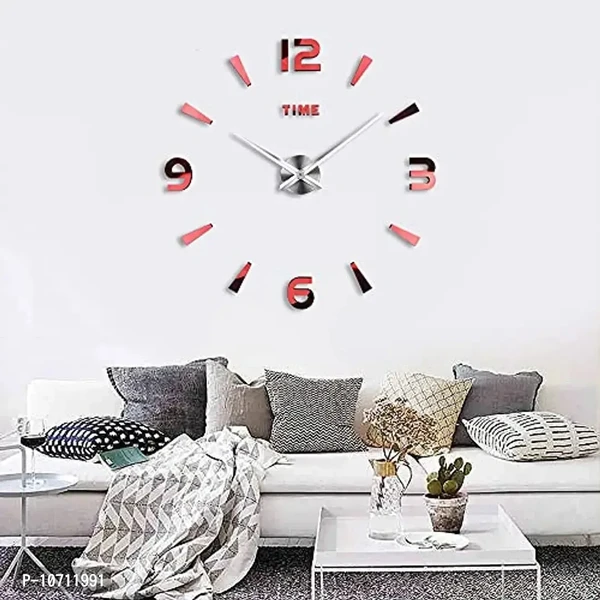 DIY Wall Clock Mirror Acrylic Surface 3D Frameless Wall Clock for Office, Living Room Wall Decoration (Red)