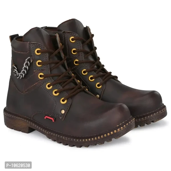 Stylish Leather Dark Brown Lace Ups High Ankle Length Mens Casual Boots - Brown, 6UK