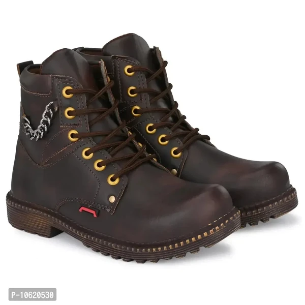 Stylish Leather Dark Brown Lace Ups High Ankle Length Mens Casual Boots - Brown, 8UK