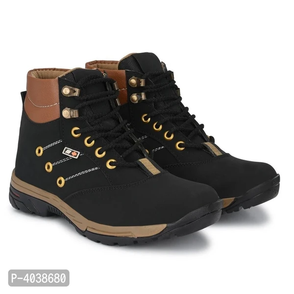 Mens Black Synthetic Leather High Ankle-Length Tough Boots - 10UK