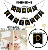 Black and Gold Happy Birthday Banner Stylish Decorations and Party Supplies Banner