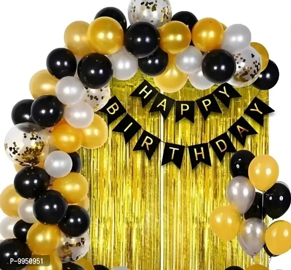 Happy Birthday Black Banner Decoration Kit With 2Pcs. Golden Curtains + White, Black Golden Color Latex Metallic Hd Balloon Pack Of 30 Pcs. For Decoration Purpose On Party, Photo Backdrop