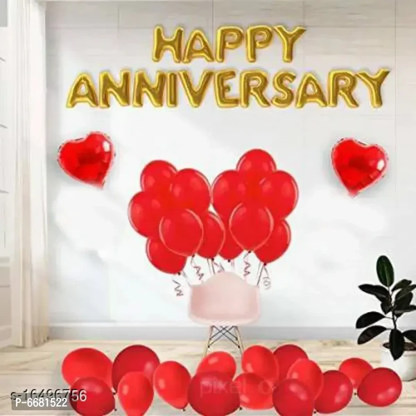 Happy Anniversary (16 Gold Foil Letters) and 2 Red Heart Foil Balloons (10Inch) and 30 Metallic Balloons (Red)