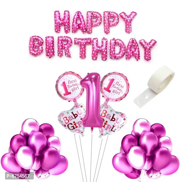 Happy Birthday , 1St Birthday Foil Balloon Metallic Balloon Pink With Glue Dot For 1St Birthday Girl Theme Decor Pack Of 69 Piece