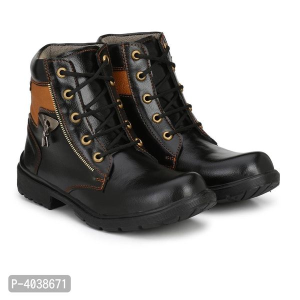 Men's Glossy Black Leatherette High Ankle Length Long Boots - Black, 9UK