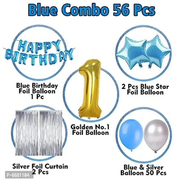 Birthday Decoration Kit For 1st Birthday Boys-56 Pieces With Foil Curtain / Bday Supplies Items