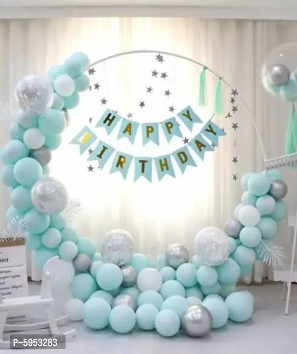 Happy Birthday Blue Pastel Silver Metallic Balloons Confetti Balloons Decoration Kit For Birthday - 51Pcs Balloons for Birthday