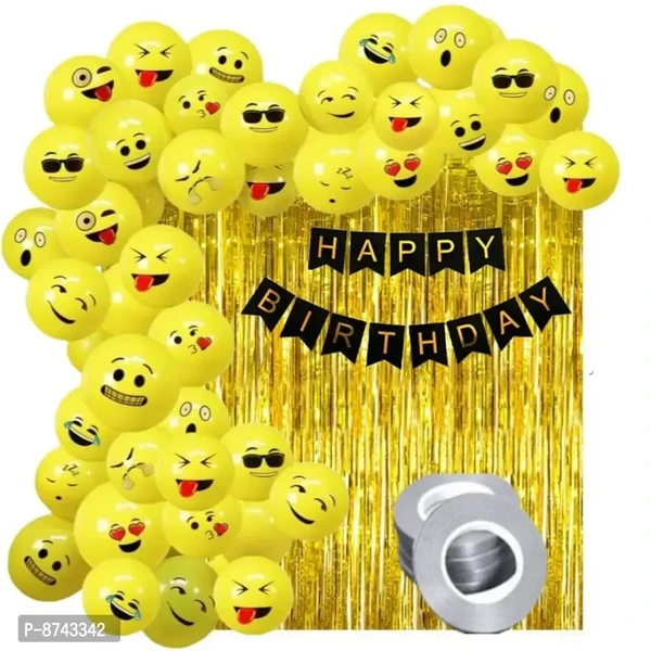 Happy Birthday Decoration Combo set of 1pc Happy Birthday Black Banner, 30pcs Smiley Emoji Balloons, 2pcs Golden Fringe/Curtains Free Gift 1pc Curling Ribbon Party SuppliesWithin 6-8 business days 