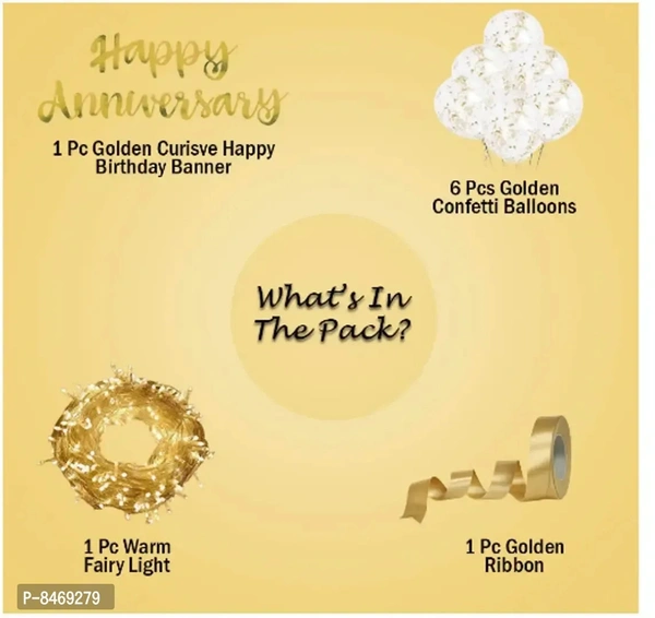 Golden Anniversary Decoration Set – Banner, Fairy Lights, Balloons & Confetti