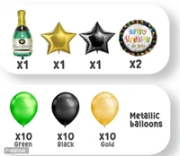 Set Of 35 Pieces - Black Gold Stars ,Champagne Bottle ,Printed Happy Birthday ,Green Theme Metallic Foil Balloons
