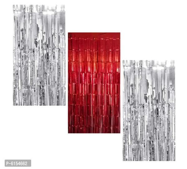 2Silver 1 Red Fringe Curtains Pack Of 3