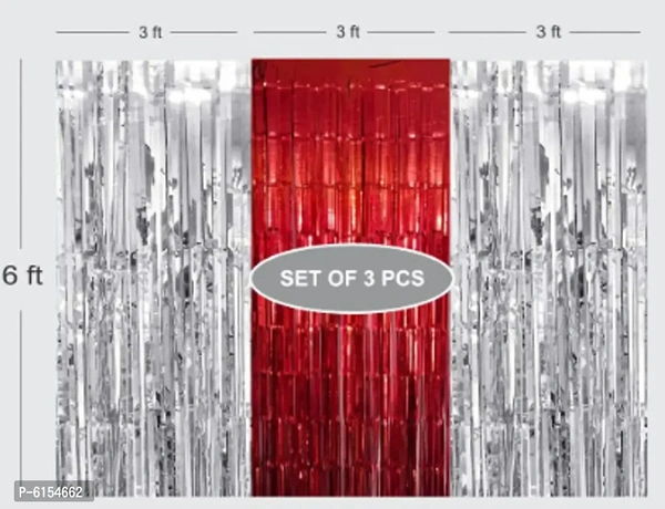 2Silver 1 Red Fringe Curtains Pack Of 3