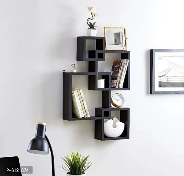 Engineered Wood Intersecting Wall Shelf for Home Decoration (Set of 4, Black) Color: Brown