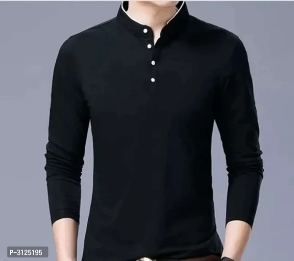 Men's Trendy Solid Cotton Mandarin Tees - Black, M