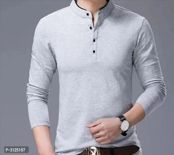 Men's Trendy Solid Cotton Mandarin Tees - Grey, L