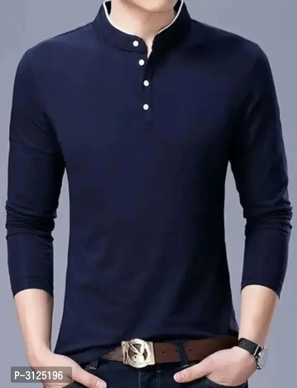 Men's Trendy Solid Cotton Mandarin Tees - Blue, M