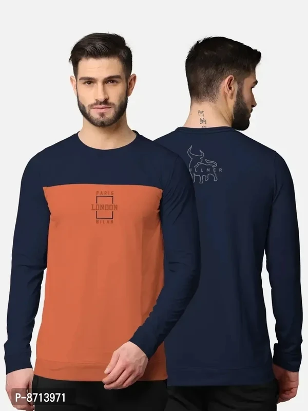 Trendy Front and Back Printed Full Sleeve / Long Sleeve Tshirt for Men - NayBlue, M