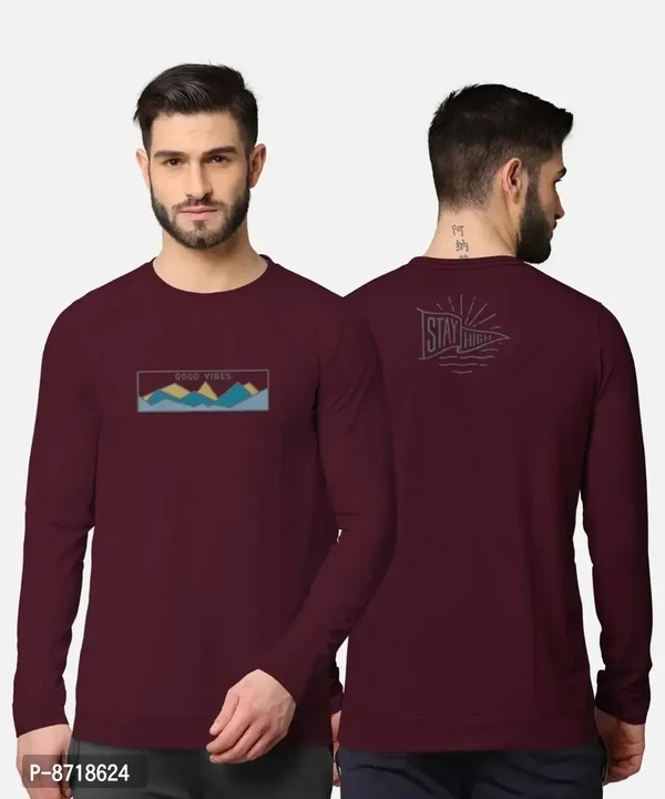 Trendy Front and Back Printed Full Sleeve / Long Sleeve Tshirt for Men - Maroon, M