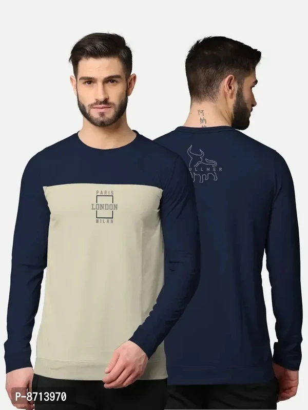 Trendy Front and Back Printed Full Sleeve / Long Sleeve Tshirt for Men - Navy Blue, M