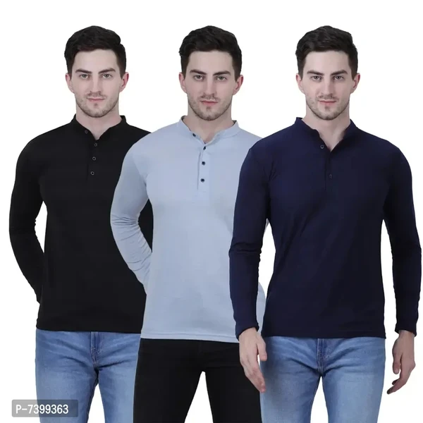 Stunning Cotton Blend Solid Henley Tees For Men- Pack Of 3 - M