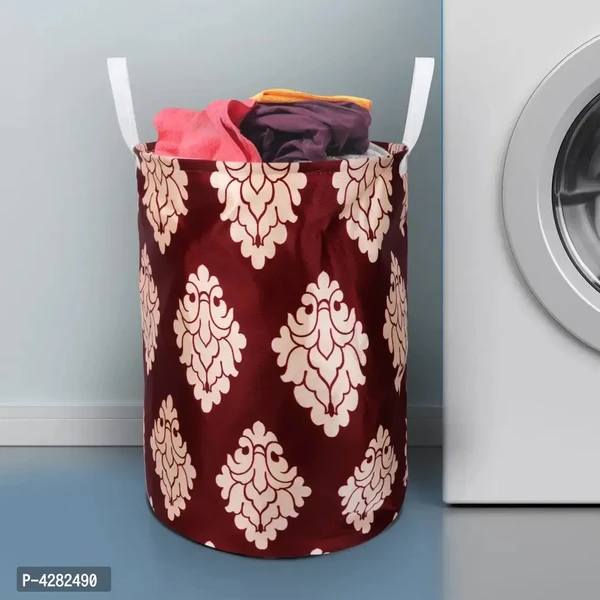 Modern Maroon Polyester Printed Folding Round Laundry Bag