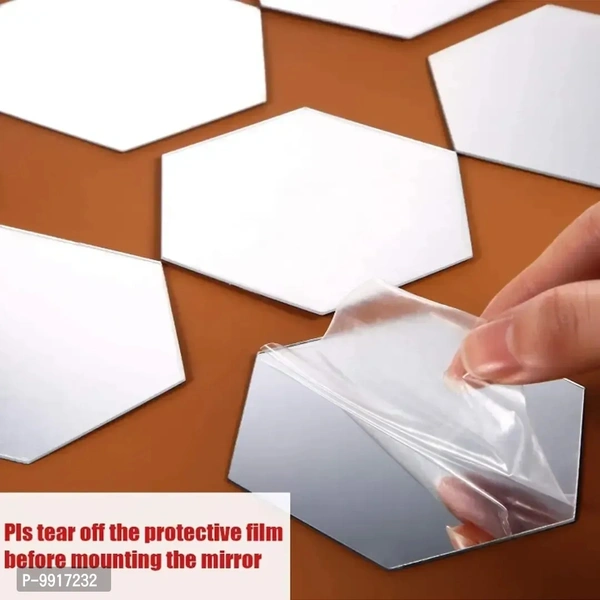 Hexagon Acrylic Mirror Wall Stickers – Silver Decorative Stickers for Home (10.5x12.1 cm, Pack of 7