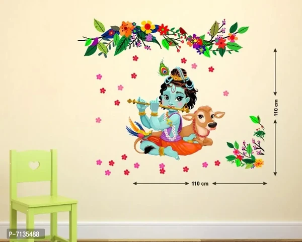 Lord krishna sitting in cow and flowers shower wallsticker for wall decorati