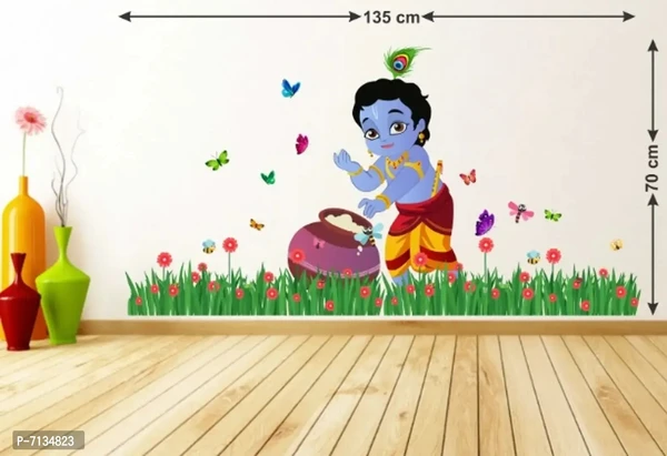 KRISHNA AND BUTTER POT WITH BUTTERFLIES STICKER Extra Large Self Adhesive Sticker (Pack of 1)