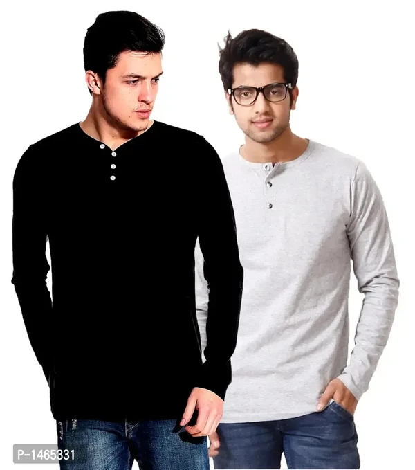 Multicoloured Cotton Blend Solid Henley Tees Pack of 2 - M