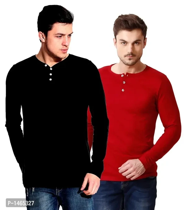 Multicoloured Cotton Blend Solid Henley Tees Pack of 2 - M