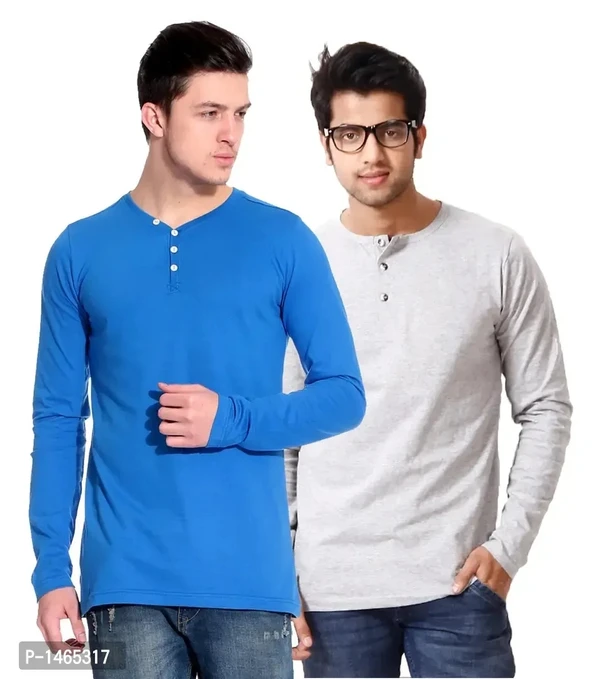 Multicoloured Cotton Blend Solid Henley Tees Pack of 2 - M