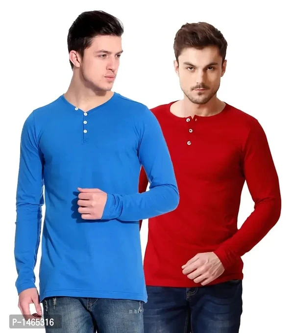 Multicoloured Cotton Blend Solid Henley Tees Pack of 2 - M