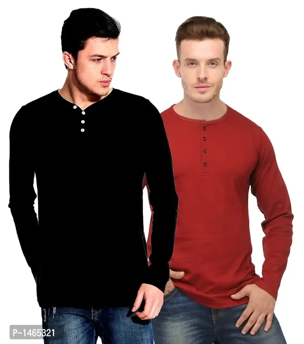 Multicoloured Cotton Blend Solid Henley Tees Pack of 2 - M