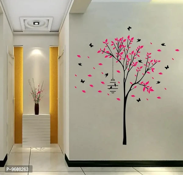 Tree With Colorful Leaf and Birds,Butterfly Design Wall Sticker Size - ( 70x79 ) cm