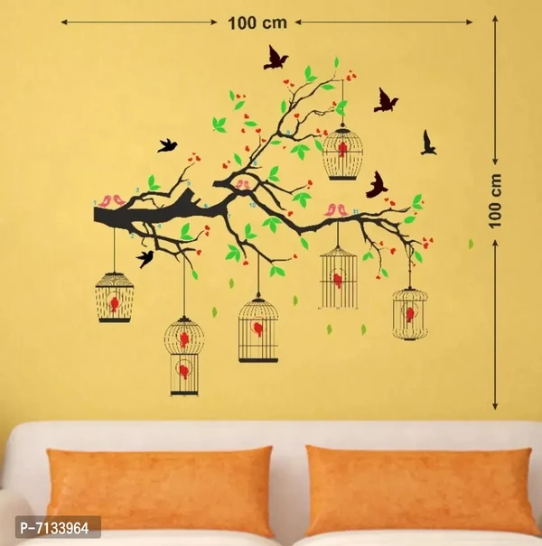 Lanstick birds and cage hanging in tree wallsticker for wall decorati