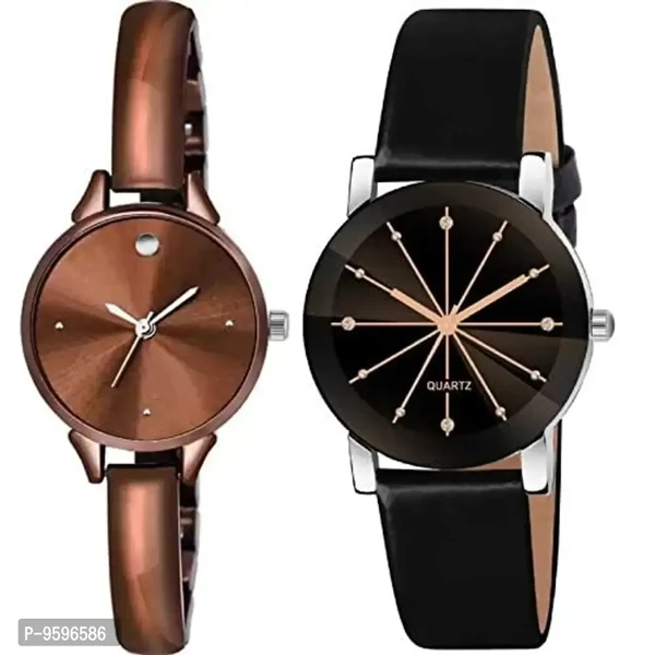 Zuperia Combo of Crystal Glass Leather Strap Watch and Bangle Analog Watch for Girls and Women