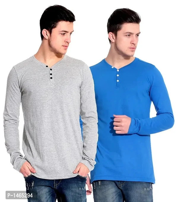 Multicoloured Cotton Blend Solid Henley Tees Pack of 2 - M